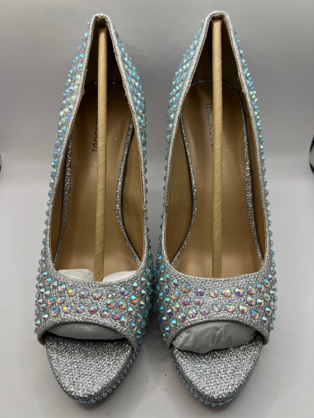Thalia Sodi Silver Iridescent Crystal Peep-Toe Heels